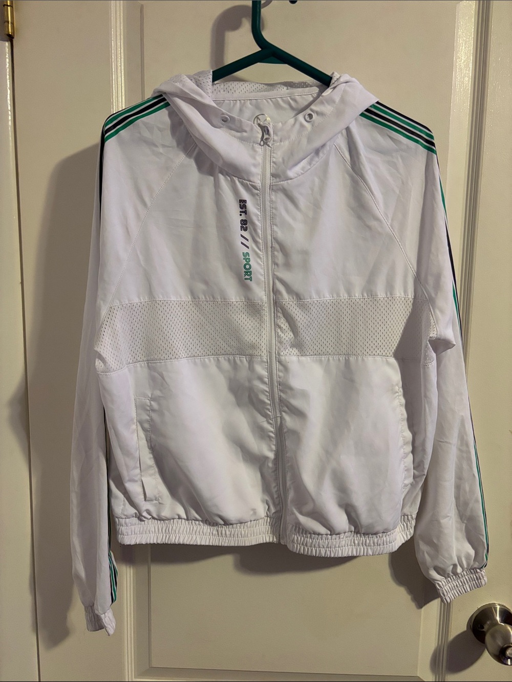 White Hooded Windbreaker Jacket with Green Stripe Accents